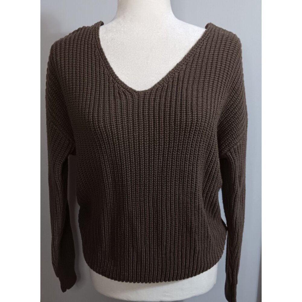 Love Tree Small Brown Knit Twist Open Back Boho Classic Pullover Sweater